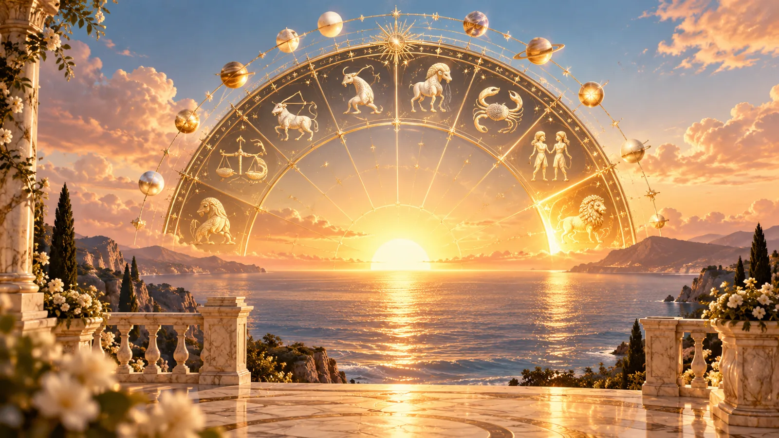 A golden zodiac wheel above a calm sea at dawn with the year's planets glowing on its rim