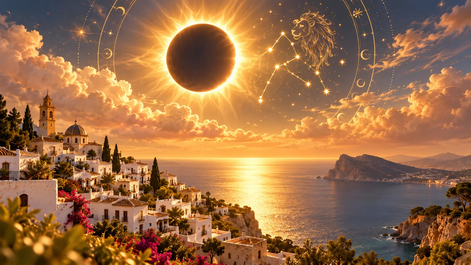 A total solar eclipse with a glowing golden corona above a white Andalusian village and the sea at Gibraltar