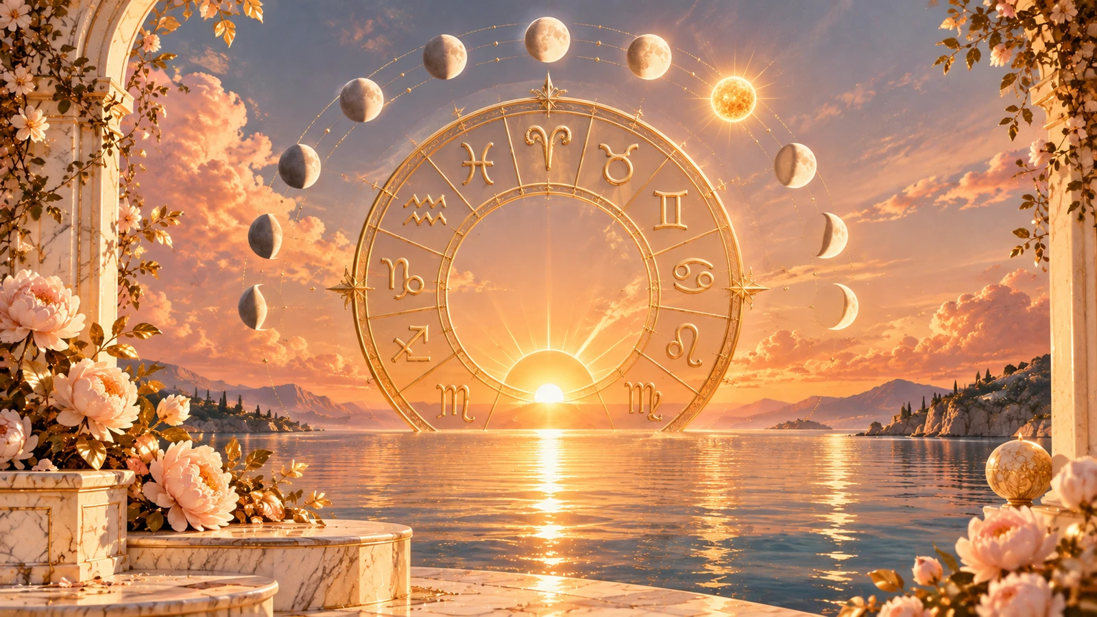 A great golden zodiac wheel of twelve segments standing like a year dial above a calm sea at dawn