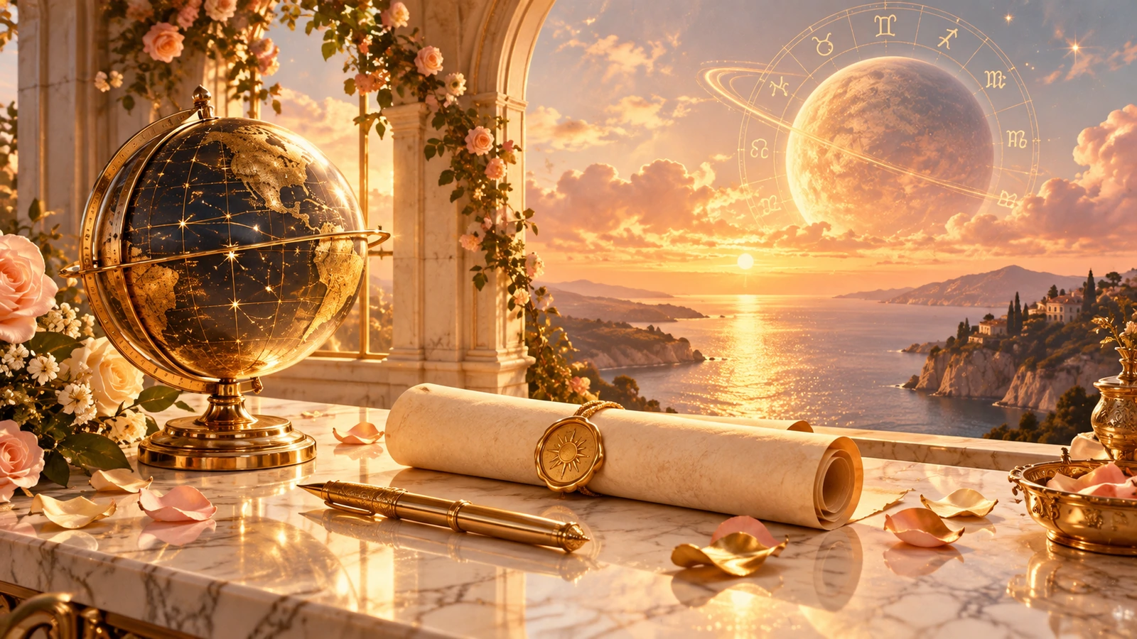 Een opgerold perkament met een gouden lakzegel op een marmeren tafel bij een zonnig boograam en een gloeiende hemelglobe