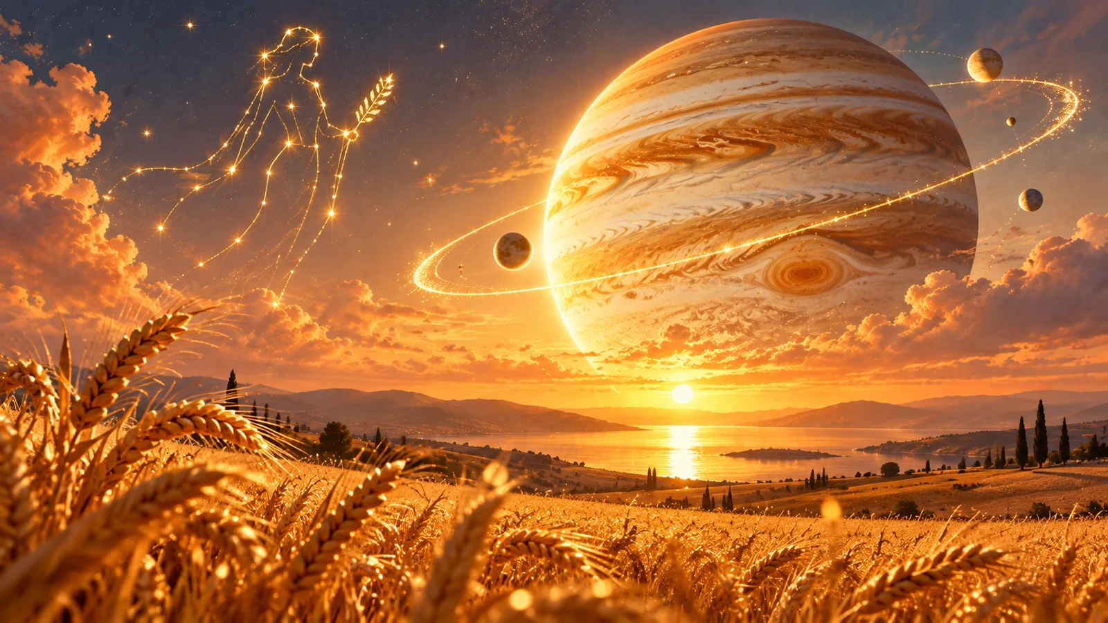 Een enorme gloeiende Jupiter met banden die opkomt boven een veld gouden tarwe bij zonsondergang, met het sterrenbeeld Maagd in goud getekend