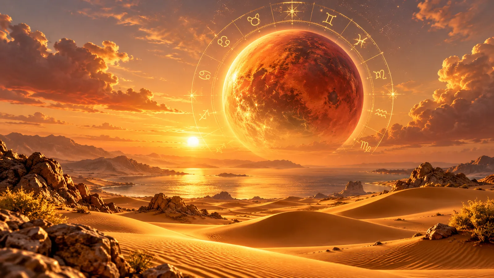 A glowing red-gold planet above a golden desert at sunset, with a thin zodiac ring in fine gold line