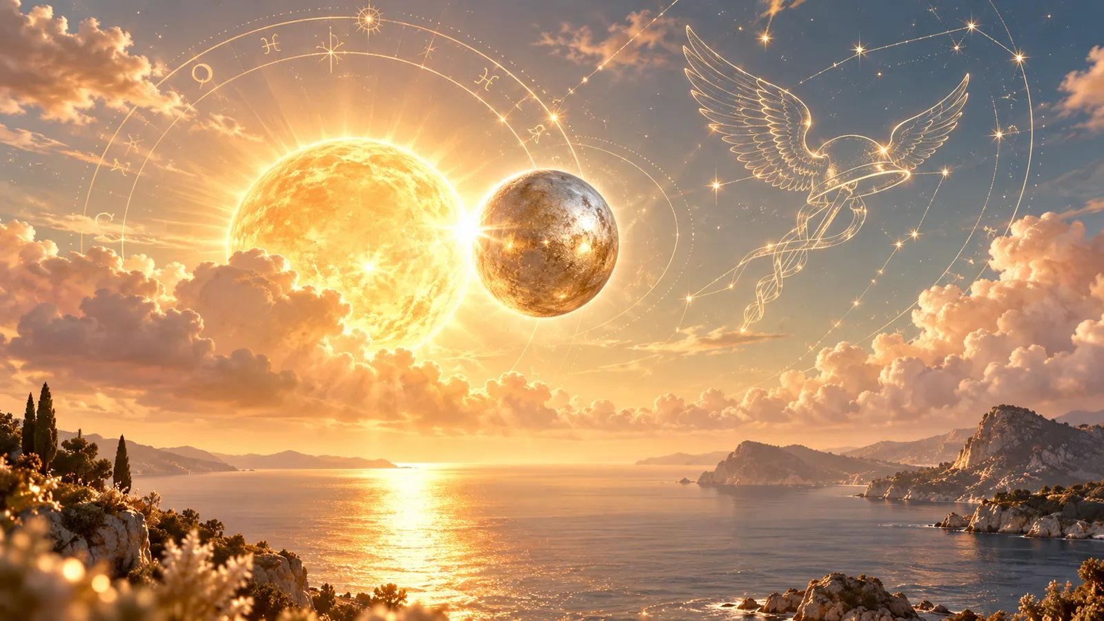 A small bright silver-gold planet close to a glowing sun above calm water at dawn, with fine gold zodiac linework