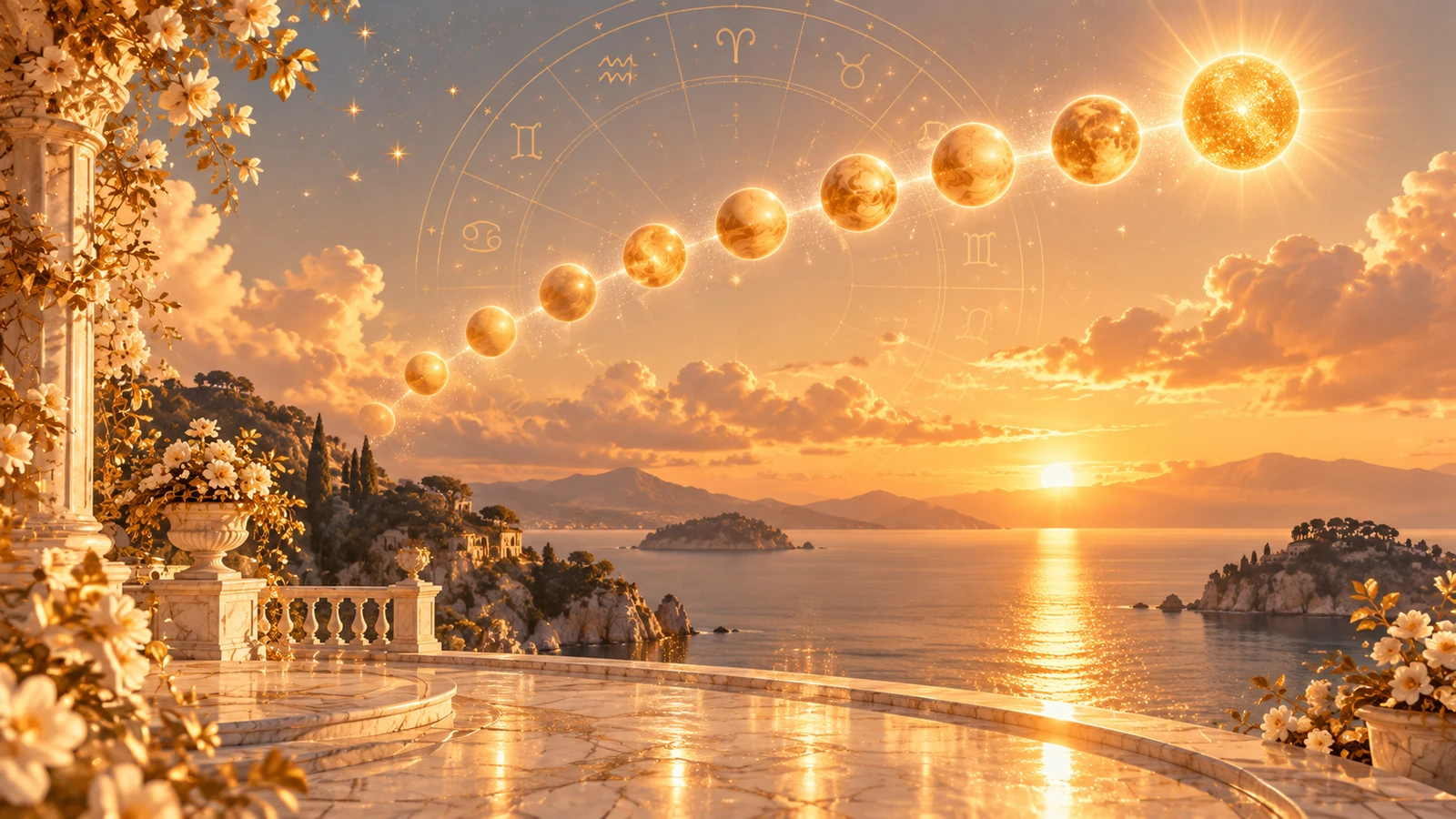 Nine glowing golden orbs rising in an arc above a calm shoreline, the ninth blazing like a small sun