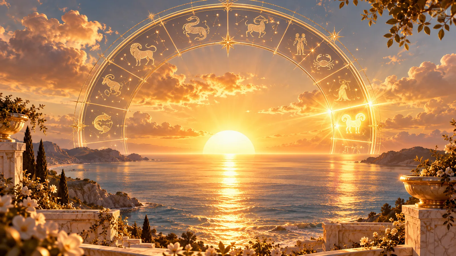 A golden sun breaking over the horizon of a calm sea at dawn, framed by a glowing gold zodiac ring