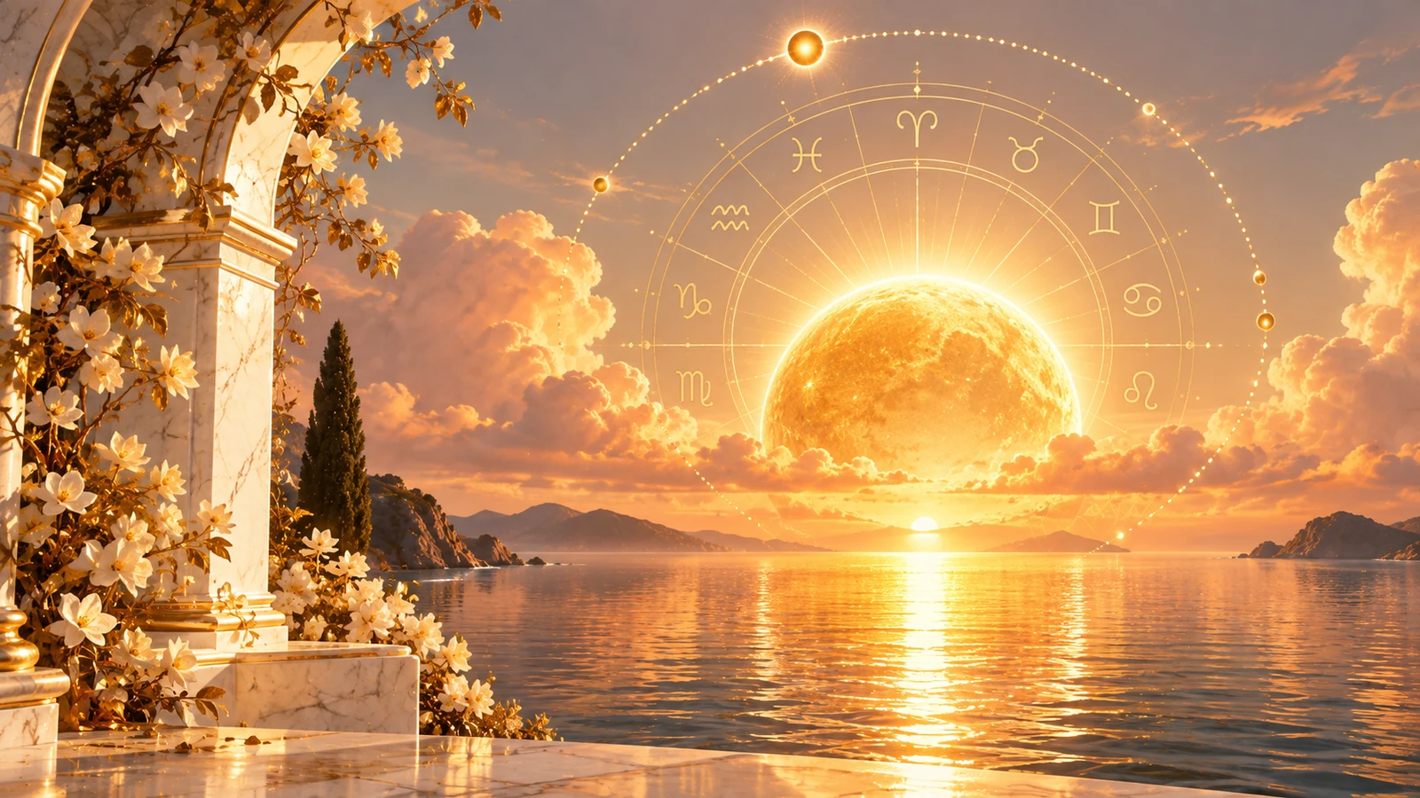 A golden sun rising over a calm sea inside a glowing zodiac wheel, its orbit closing where it began