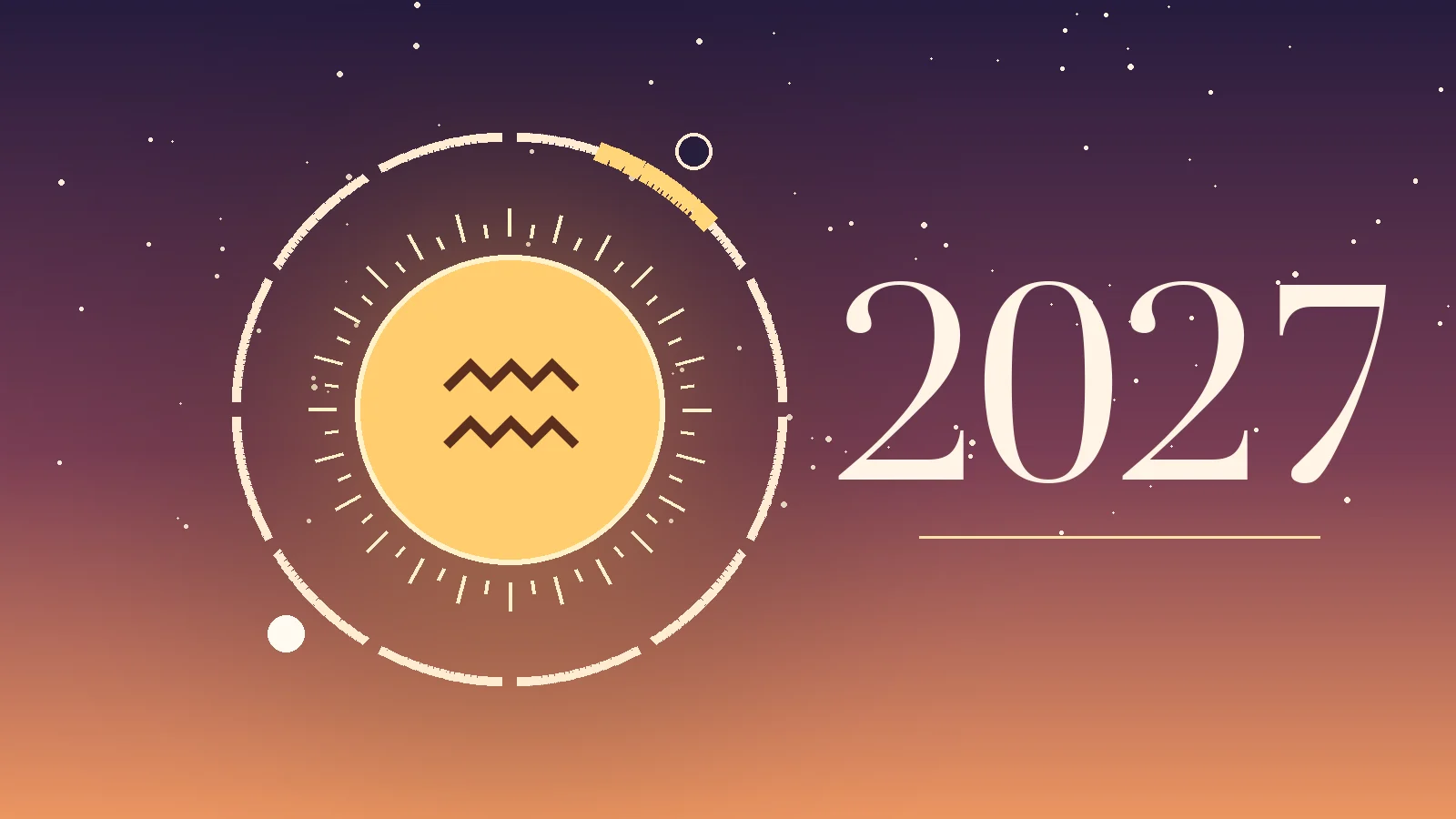 Aquarius symbol ♒ with 2027 and a ring of twelve months, gold marks on the Aquarius season, the New Moon and the Full Moon in Aquarius