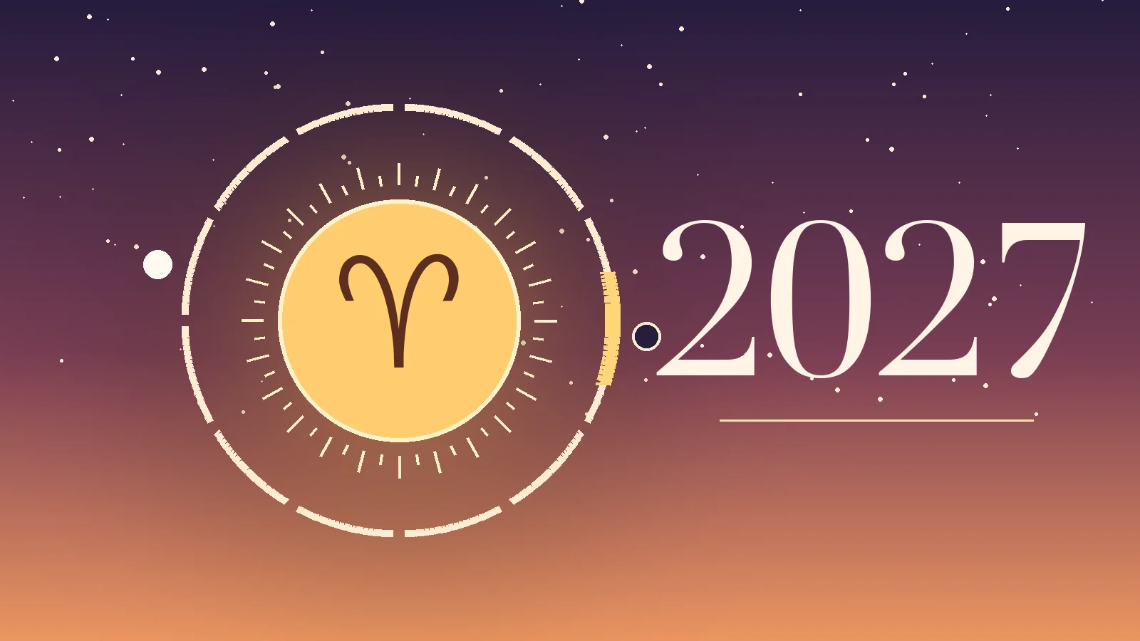 Aries symbol ♈ with 2027 and a ring of twelve months, gold marks on the Aries season, the New Moon and the Full Moon in Aries
