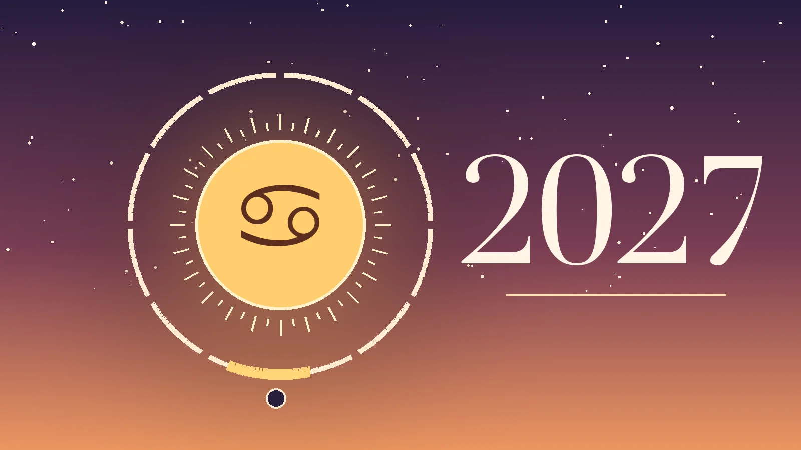 Cancer symbol ♋ with 2027 and a ring of twelve months, gold marks on the Cancer season, the New Moon and the Full Moon in Cancer