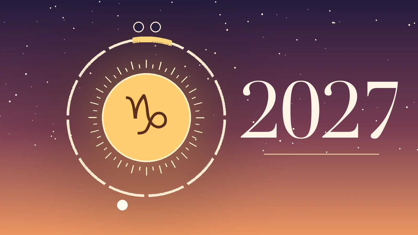 Capricorn symbol ♑ with 2027 and a ring of twelve months, gold marks on the Capricorn season, the New Moon and the Full Moon in Capricorn