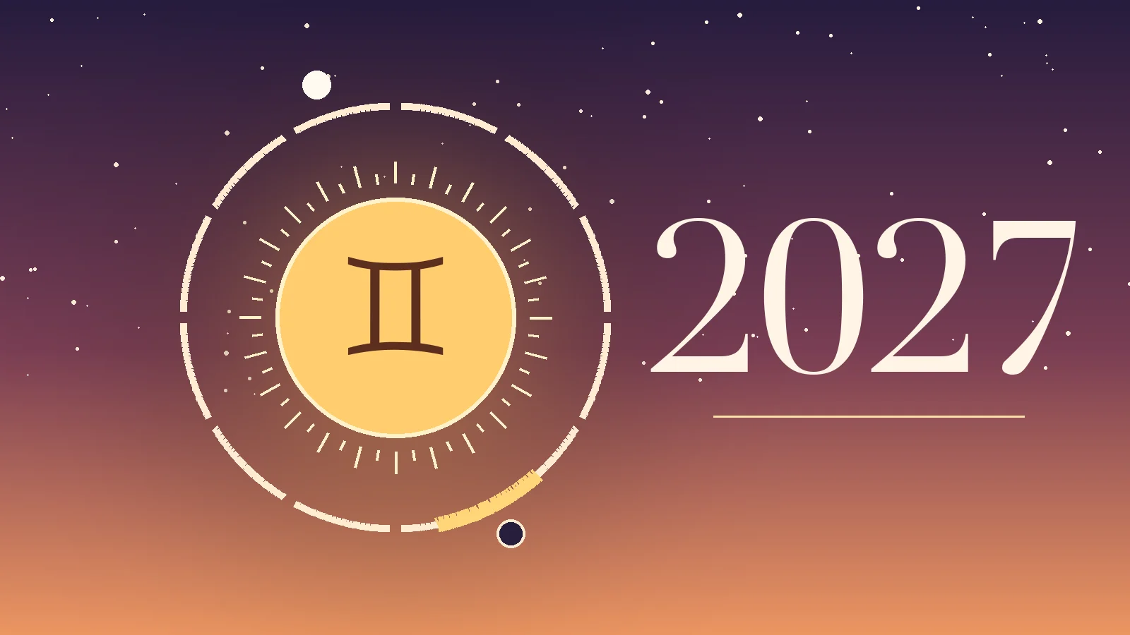 Gemini symbol ♊ with 2027 and a ring of twelve months, gold marks on the Gemini season, the New Moon and the Full Moon in Gemini