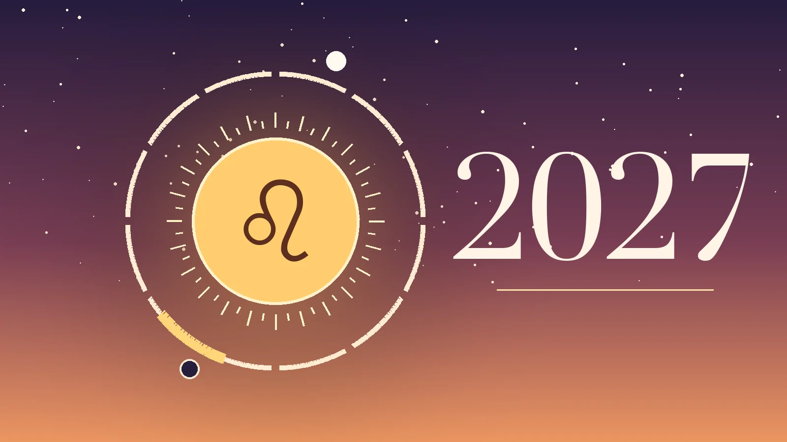 Leo symbol ♌ with 2027 and a ring of twelve months, gold marks on the Leo season, the New Moon and the Full Moon in Leo