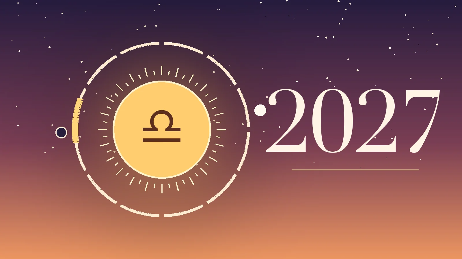 Libra symbol ♎ with 2027 and a ring of twelve months, gold marks on the Libra season, the New Moon and the Full Moon in Libra