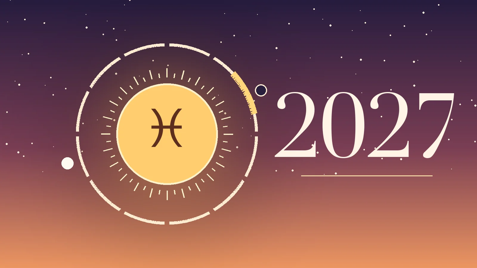 Pisces symbol ♓ with 2027 and a ring of twelve months, gold marks on the Pisces season, the New Moon and the Full Moon in Pisces
