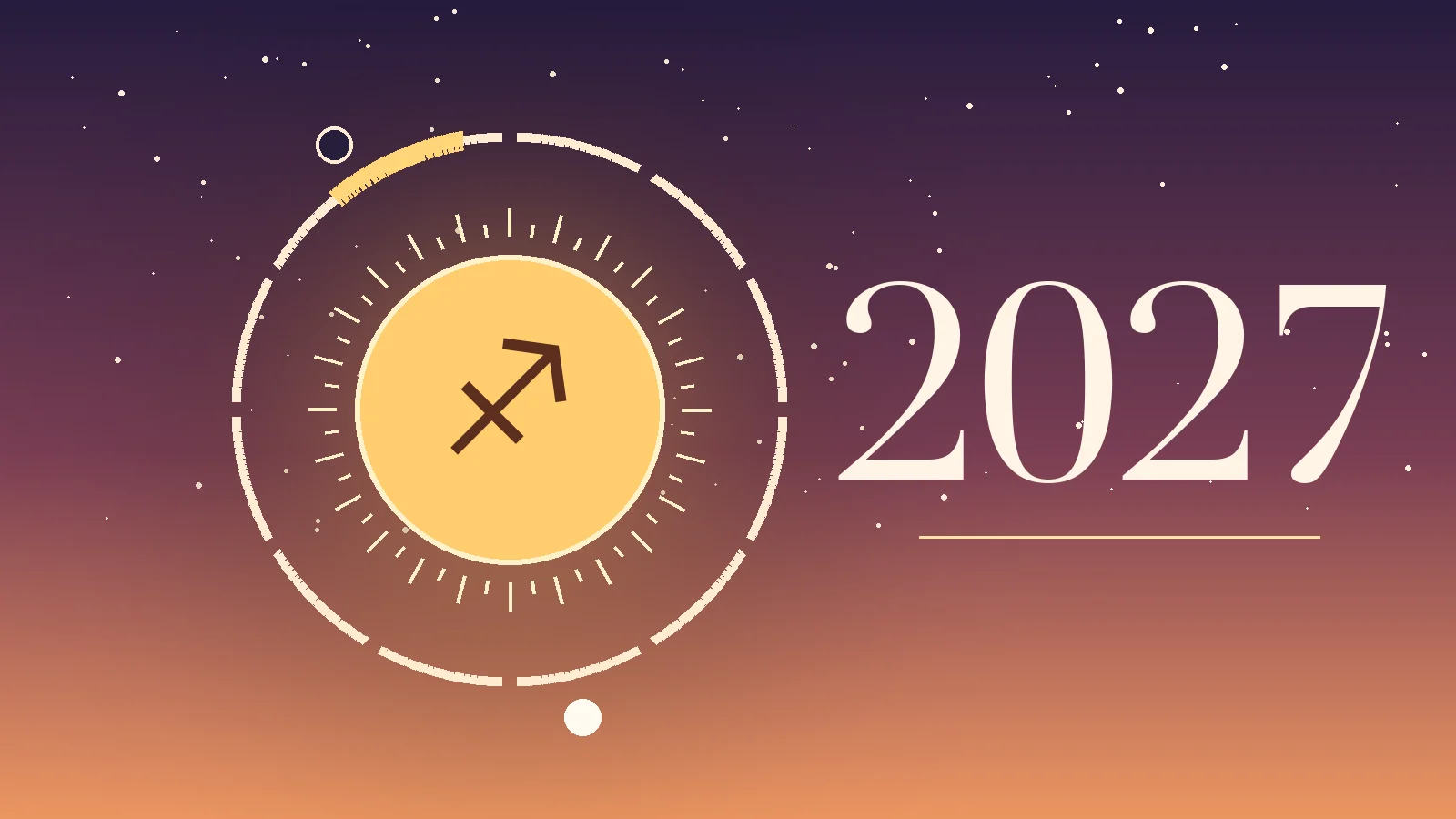 Sagittarius symbol ♐ with 2027 and a ring of twelve months, gold marks on the Sagittarius season, the New Moon and the Full Moon in Sagittarius