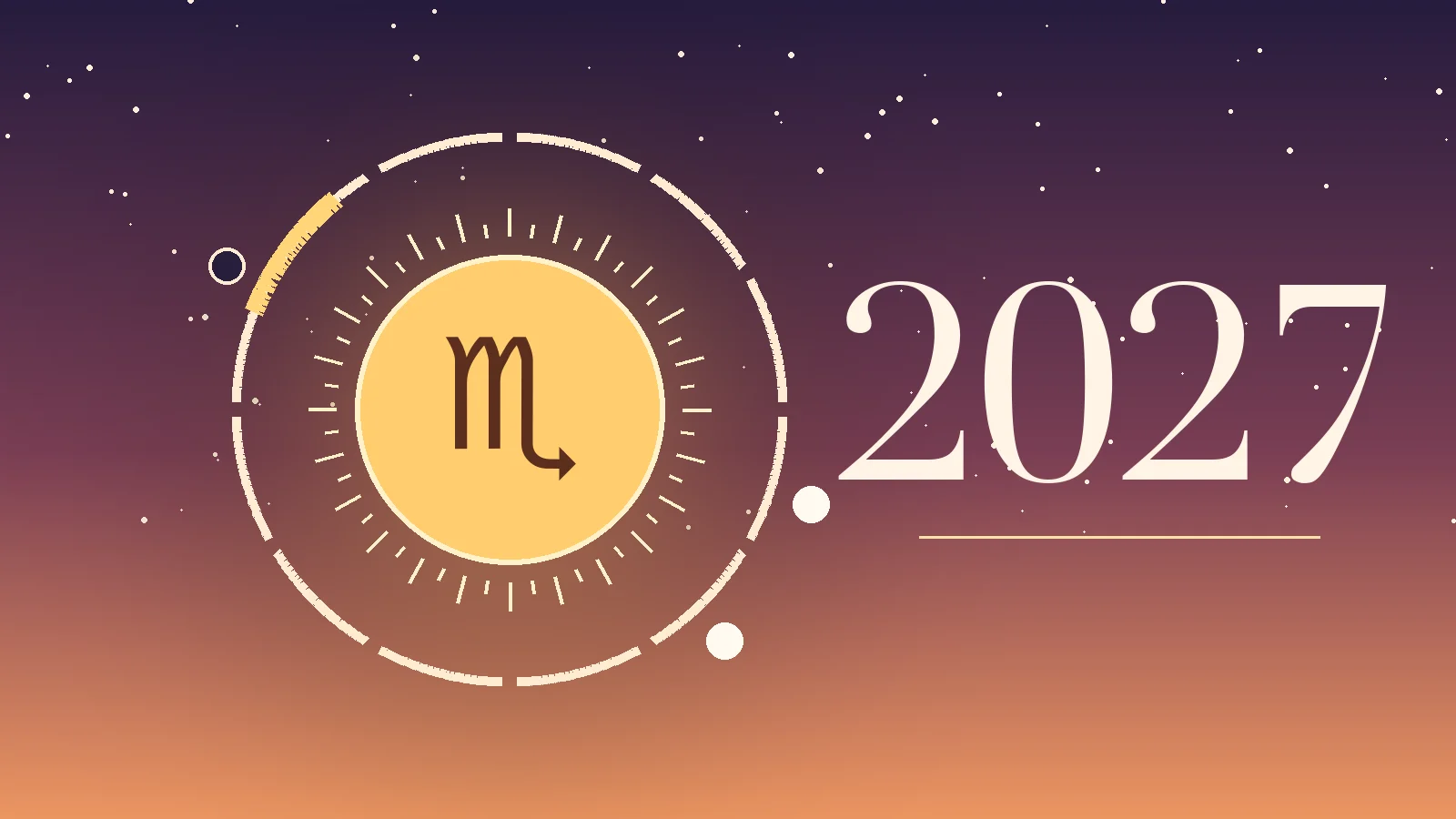 Scorpio symbol ♏ with 2027 and a ring of twelve months, gold marks on the Scorpio season, the New Moon and the Full Moon in Scorpio