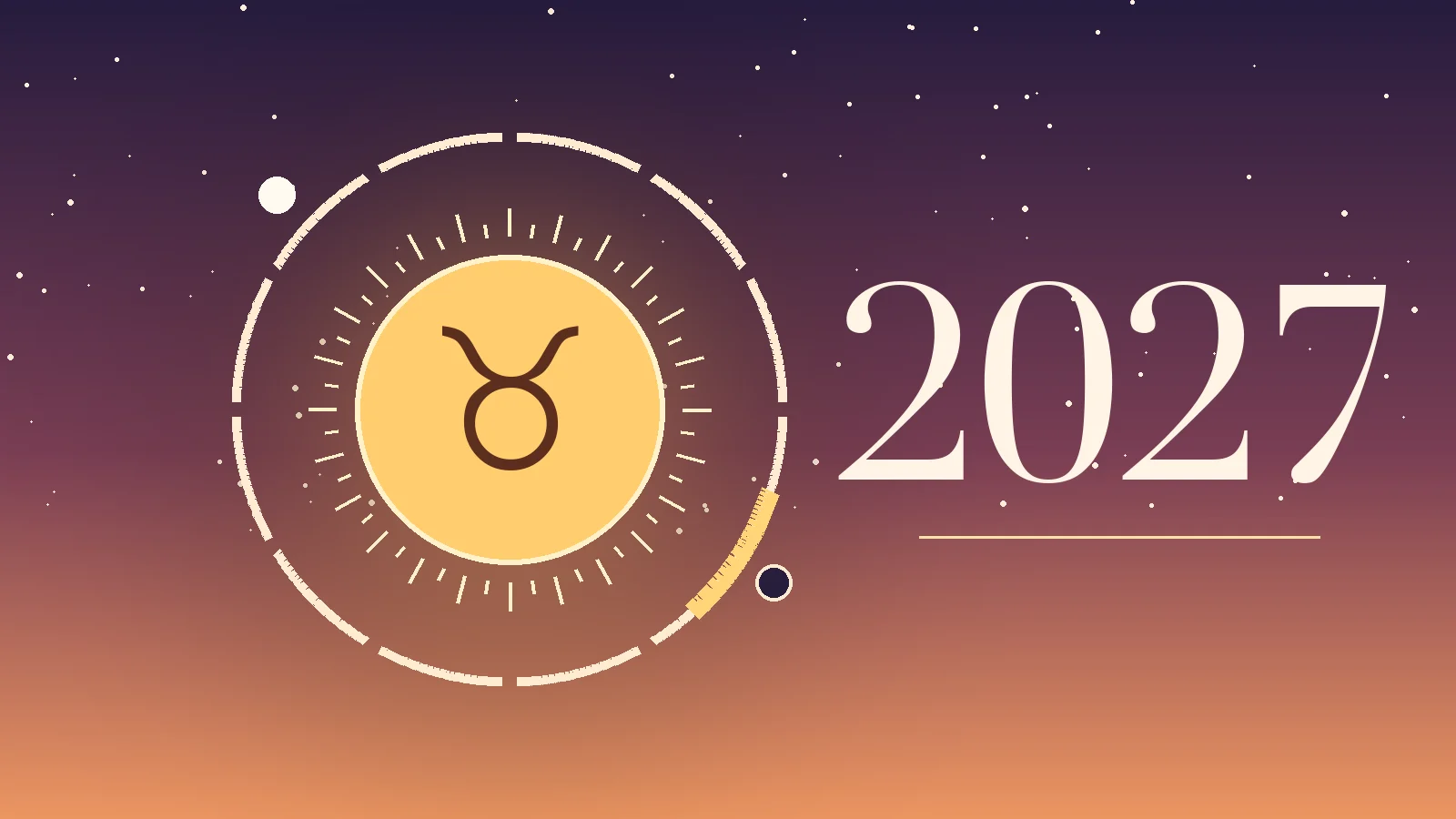 Taurus symbol ♉ with 2027 and a ring of twelve months, gold marks on the Taurus season, the New Moon and the Full Moon in Taurus