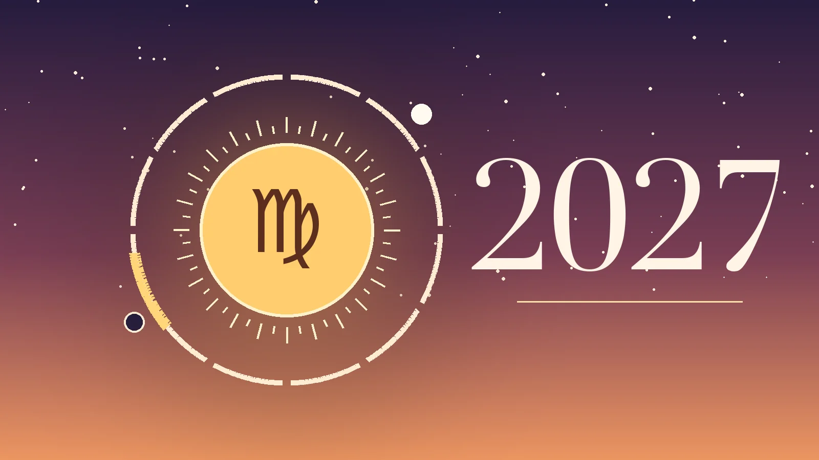 Virgo symbol ♍ with 2027 and a ring of twelve months, gold marks on the Virgo season, the New Moon and the Full Moon in Virgo