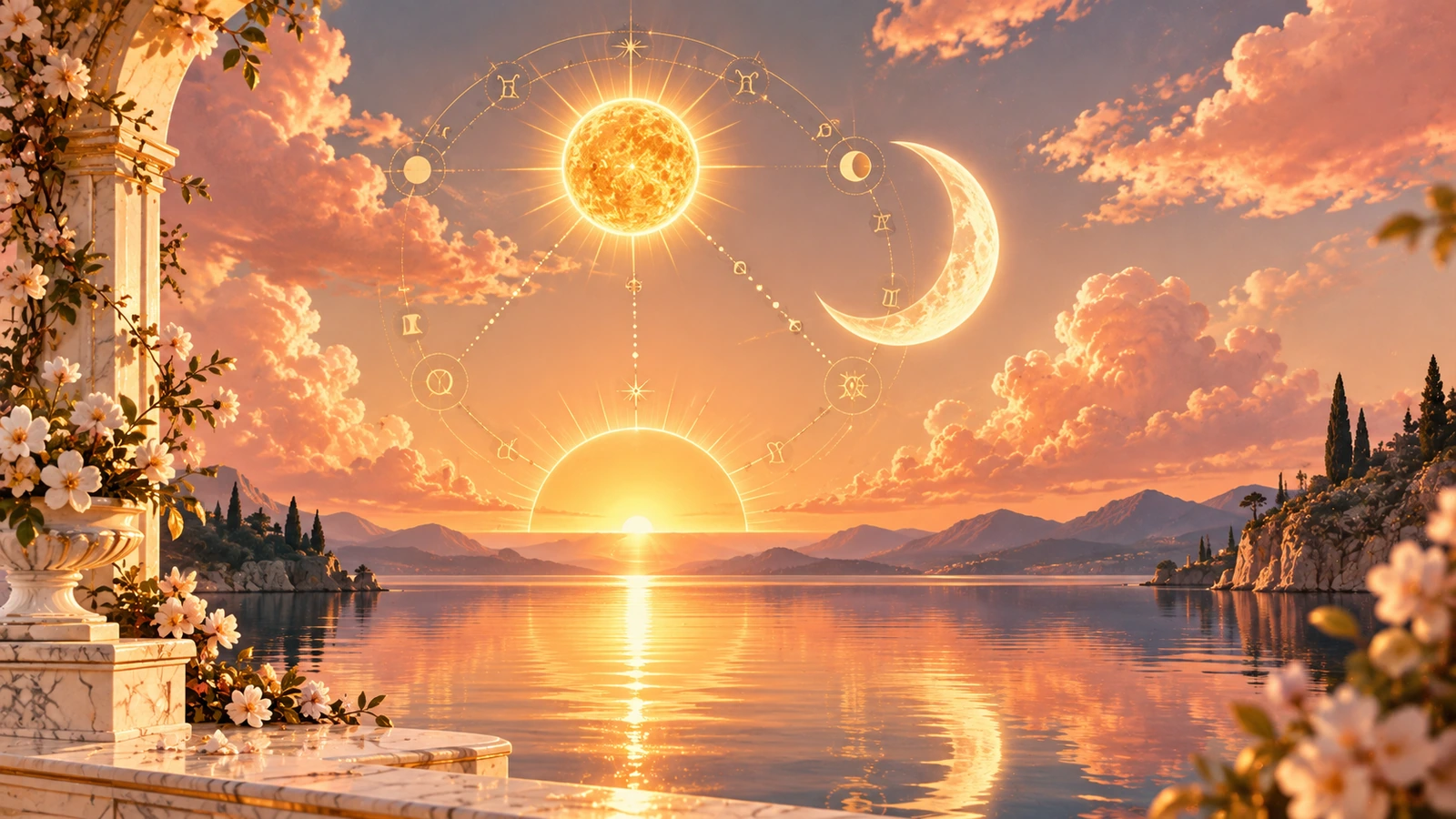A golden sun, a champagne crescent moon and a rising half-sun above a still lake, joined by a gold zodiac ring