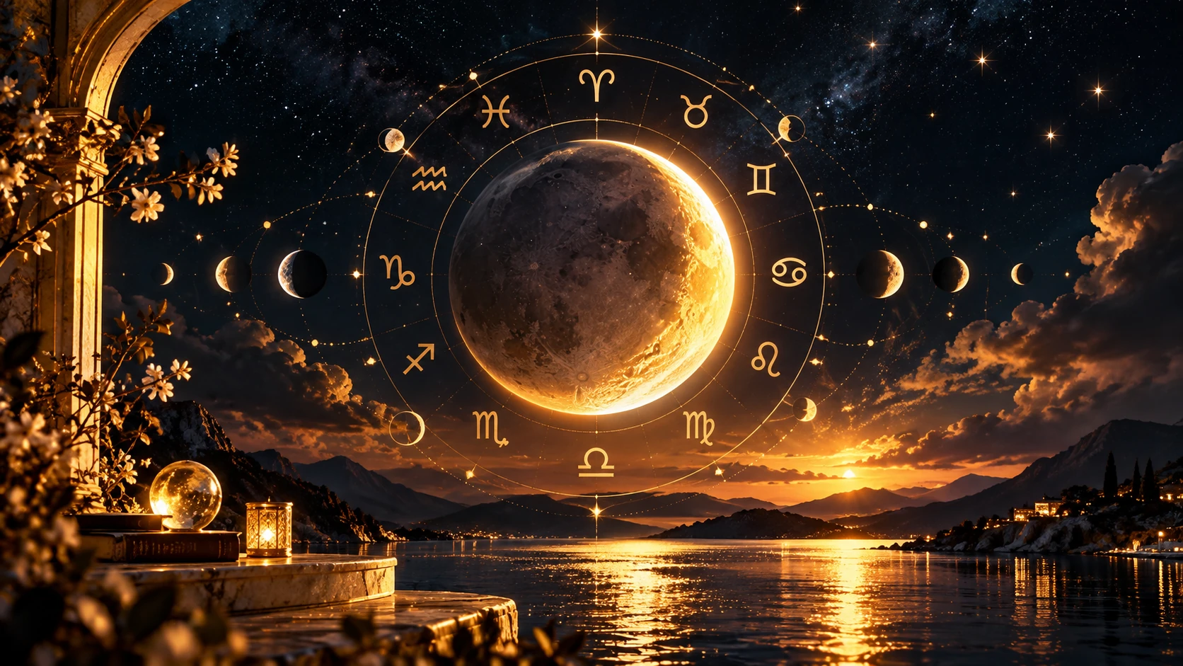Golden Moon and zodiac wheel illuminating a dark celestial sky, symbolizing Moon signs and emotional self-discovery.