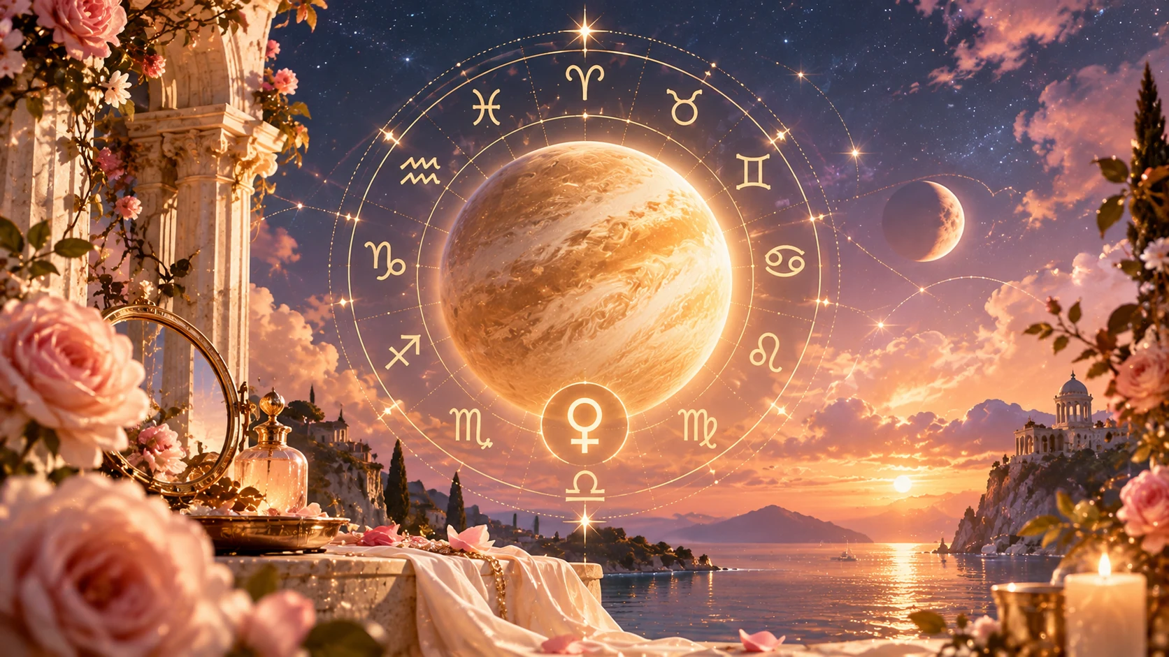 Golden Venus surrounded by delicate celestial orbits and zodiac symbols against a deep midnight-blue sky, representing love and astrological self-discovery.